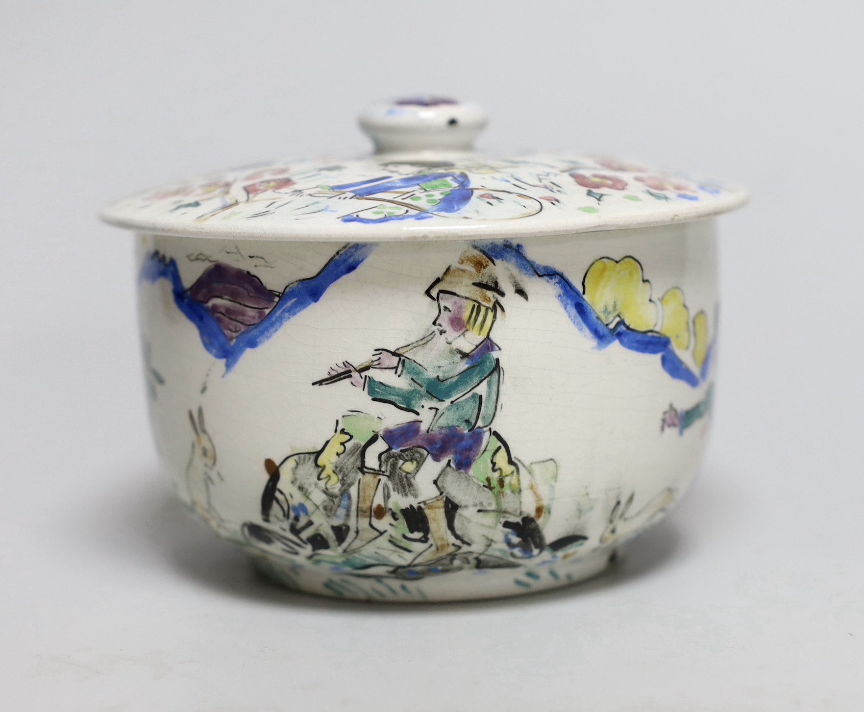 Jessie Marion King (1875-1949). A porridge bowl and cover, decorated with children playing, 9cm